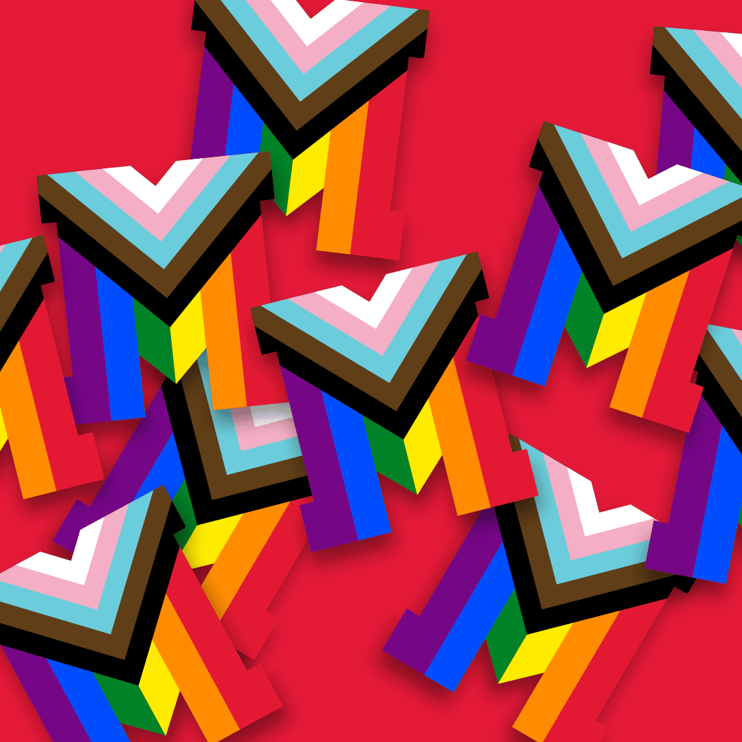 Rainbow banners in a the shape of a UMD M